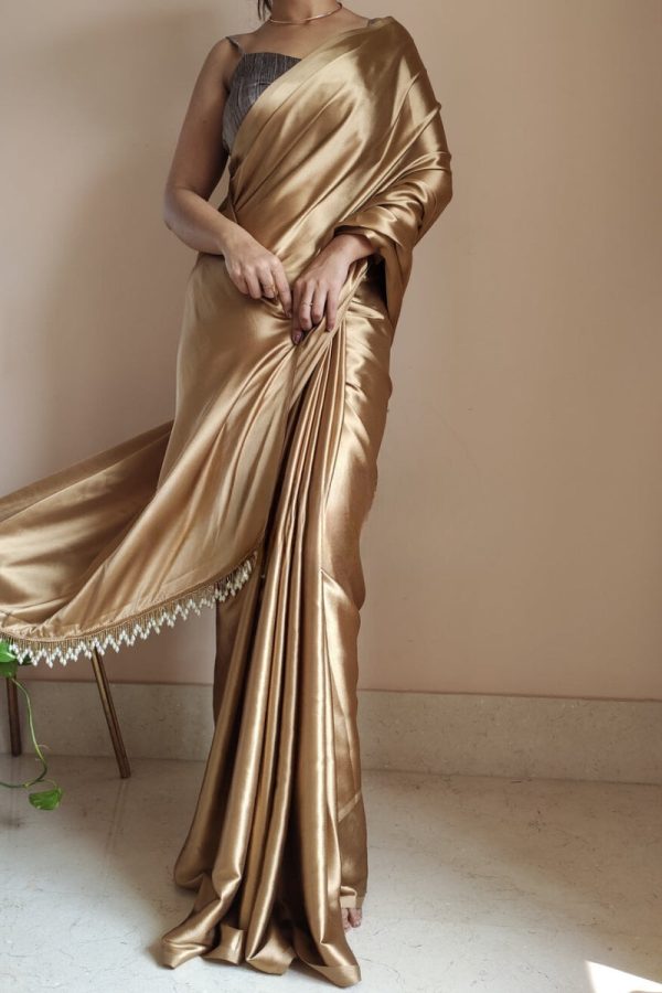 Energetic 1-Minute Ready To Wear Champagne Gold Satin Silk Saree