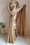 Energetic 1-Minute Ready To Wear Champagne Gold Satin Silk Saree