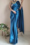 Flaunt 1-Minute Ready To Wear Cobalt Blue Satin Silk Saree