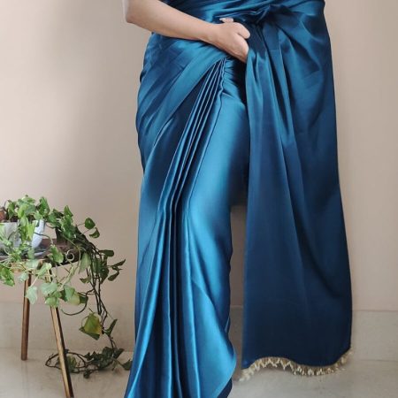 Flaunt 1-Minute Ready To Wear Cobalt Blue Satin Silk Saree