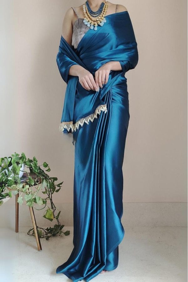 Flaunt 1-Minute Ready To Wear Cobalt Blue Satin Silk Saree