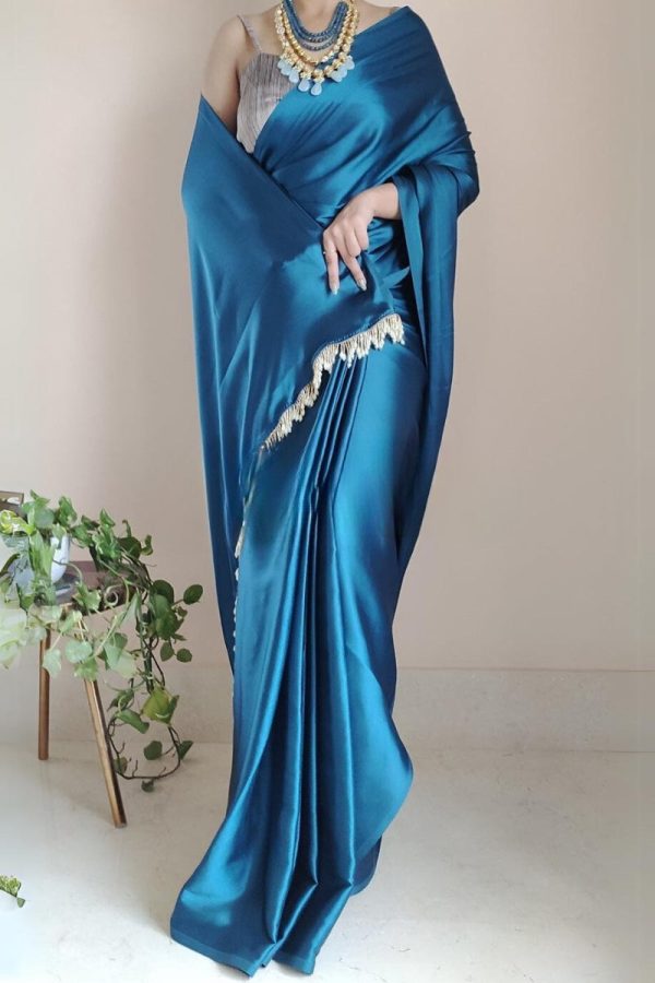 Flaunt 1-Minute Ready To Wear Cobalt Blue Satin Silk Saree