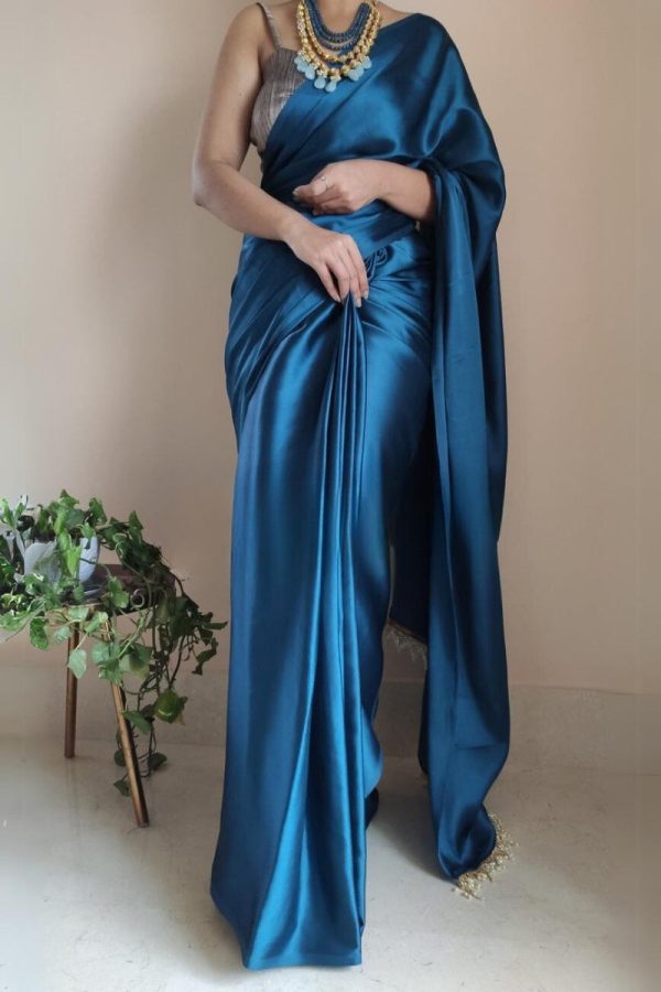 Flaunt 1-Minute Ready To Wear Cobalt Blue Satin Silk Saree