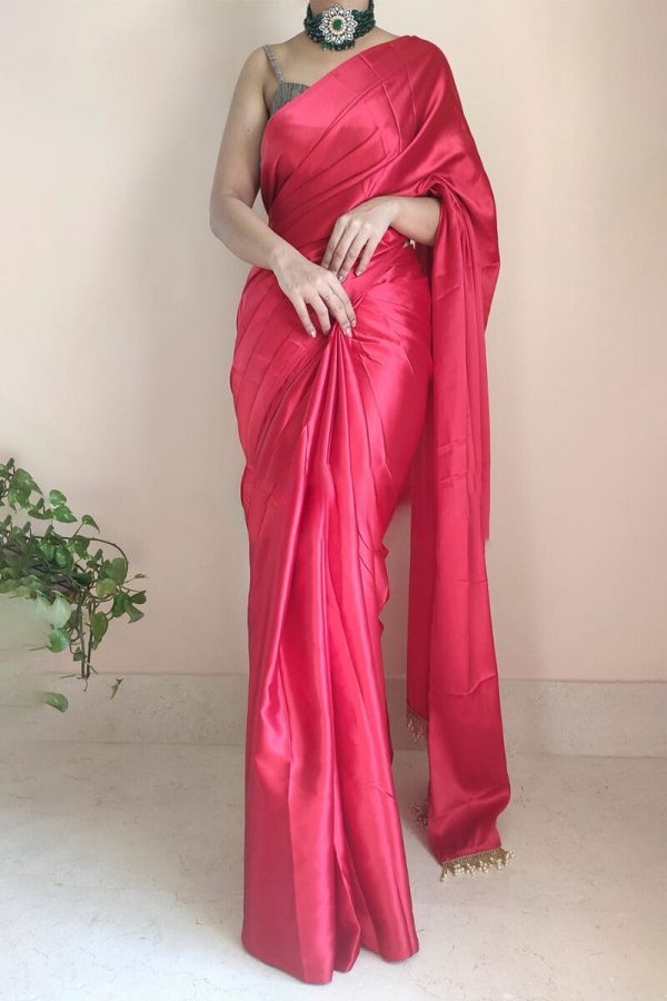 Palimpsest 1-Minute Ready To Wear Dark Pink Satin Silk Saree