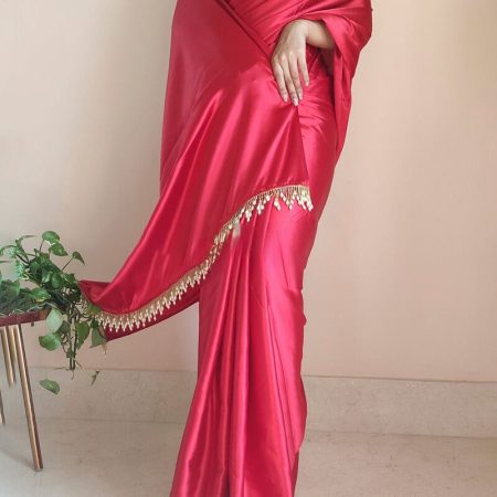 Palimpsest 1-Minute Ready To Wear Dark Pink Satin Silk Saree