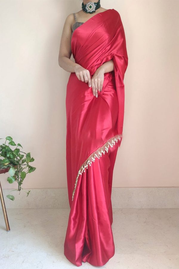 Palimpsest 1-Minute Ready To Wear Dark Pink Satin Silk Saree