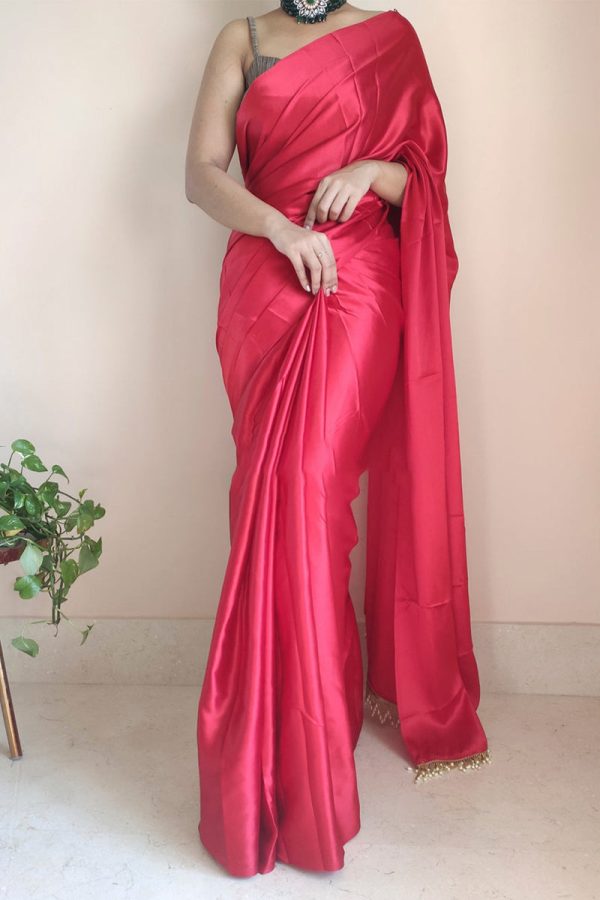 Palimpsest 1-Minute Ready To Wear Dark Pink Satin Silk Saree