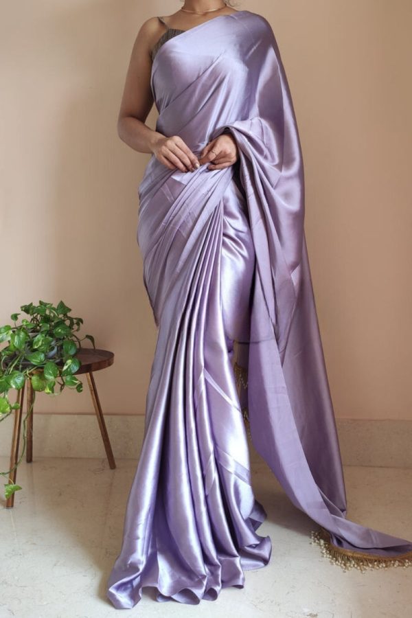 Dazzling 1-Minute Ready To Wear Dull Lavender Satin Silk Saree