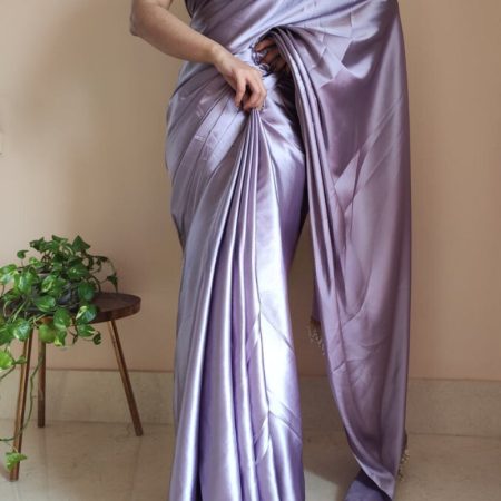 Dazzling 1-Minute Ready To Wear Dull Lavender Satin Silk Saree