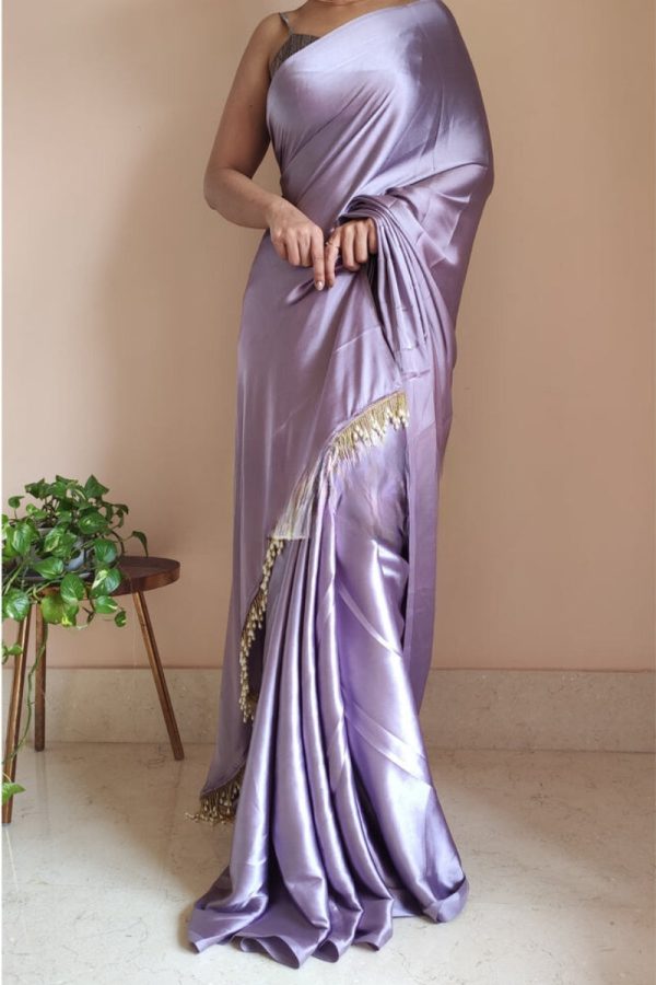 Dazzling 1-Minute Ready To Wear Dull Lavender Satin Silk Saree