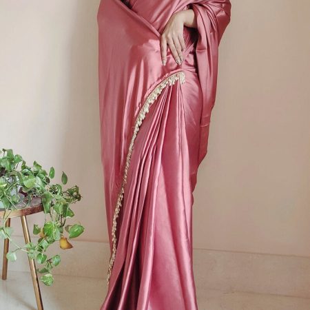 Susurrous 1-Minute Ready To Wear Dusty Rose Satin Silk Saree