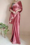 Susurrous 1-Minute Ready To Wear Dusty Rose Satin Silk Saree