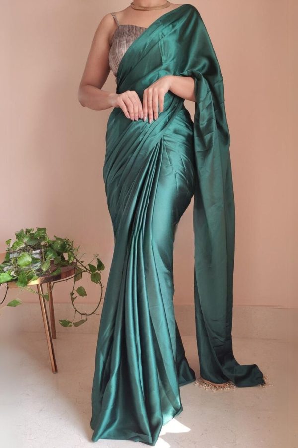 Desiring 1-Minute Ready To Wear Emerald Green Satin Silk Saree