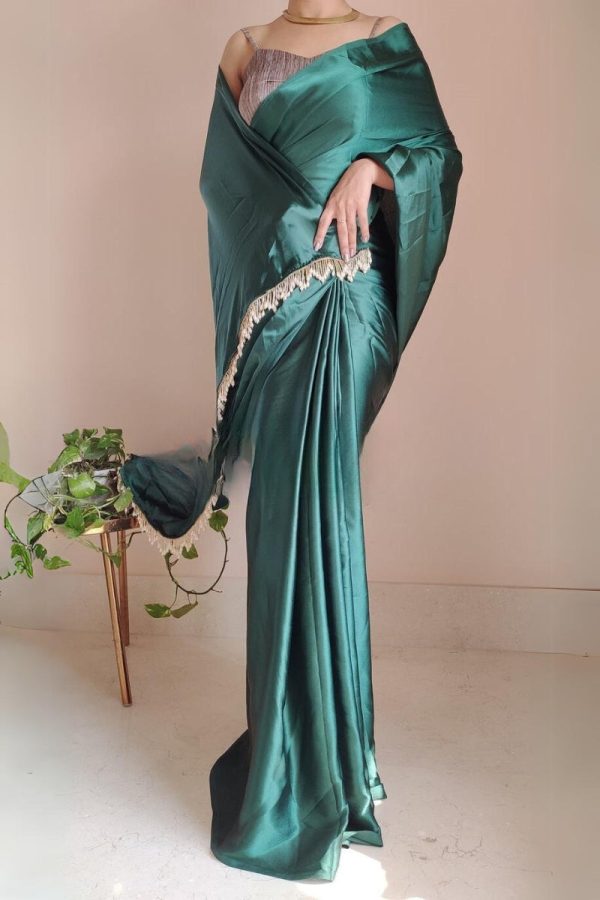 Desiring 1-Minute Ready To Wear Emerald Green Satin Silk Saree