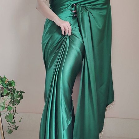 Adoring 1-Minute Ready To Wear Forest Green Satin Silk Saree