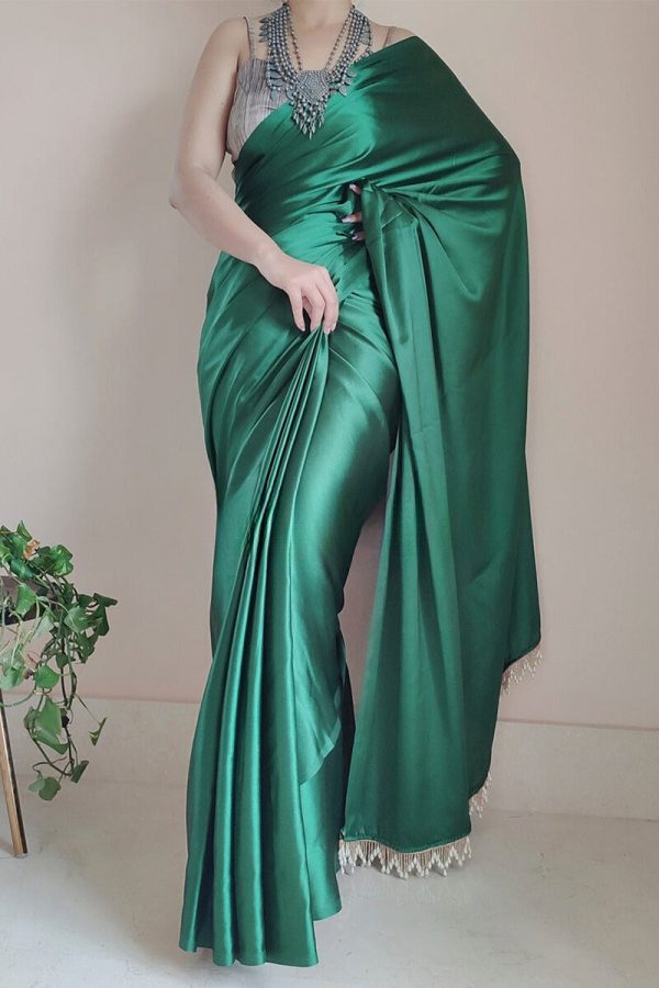 Adoring 1-Minute Ready To Wear Forest Green Satin Silk Saree