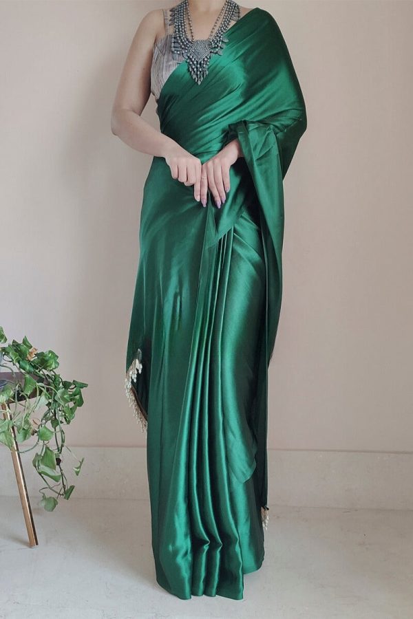 Adoring 1-Minute Ready To Wear Forest Green Satin Silk Saree