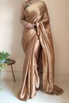 Exceptional 1-Minute Ready To Wear Golden Brown Satin Silk Saree