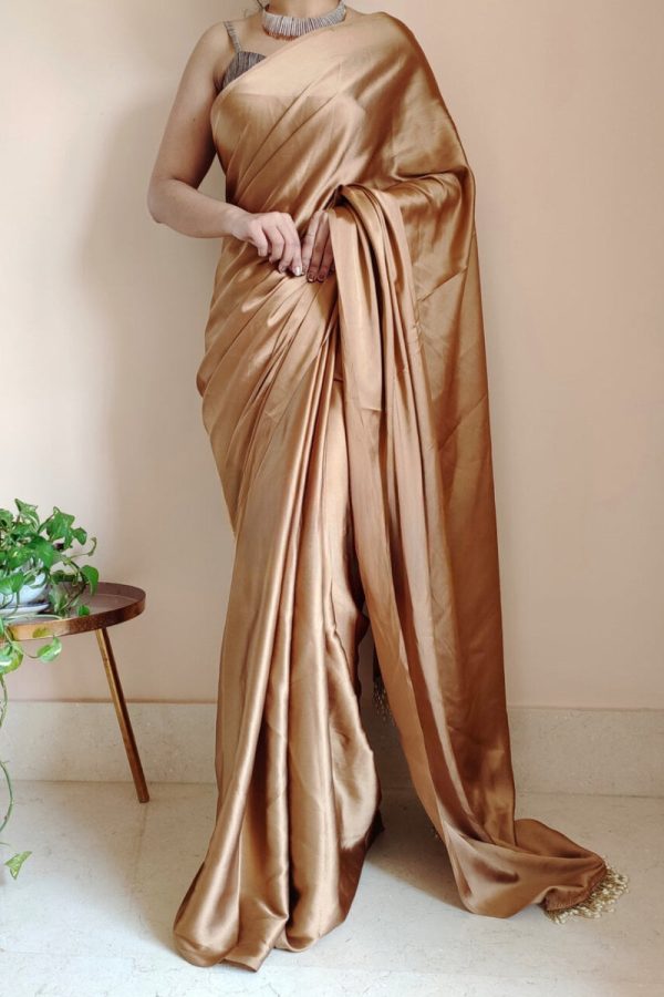 Exceptional 1-Minute Ready To Wear Golden Brown Satin Silk Saree