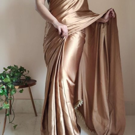 Exceptional 1-Minute Ready To Wear Golden Brown Satin Silk Saree