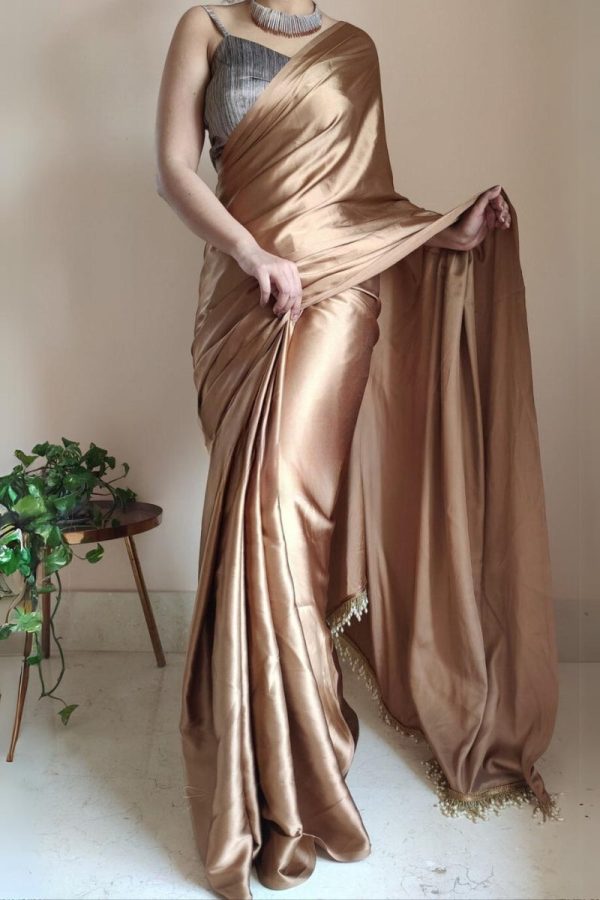 Exceptional 1-Minute Ready To Wear Golden Brown Satin Silk Saree