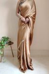 Exceptional 1-Minute Ready To Wear Golden Brown Satin Silk Saree