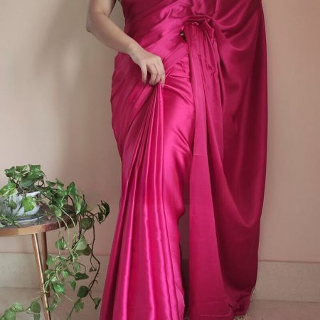 Smashing 1-Minute Ready To Wear Hot Pink Satin Silk Saree