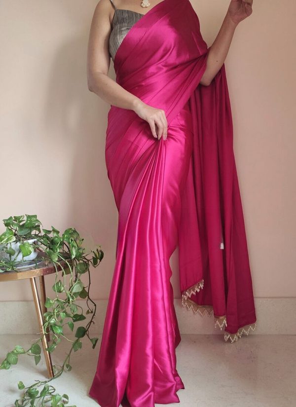 Smashing 1-Minute Ready To Wear Hot Pink Satin Silk Saree