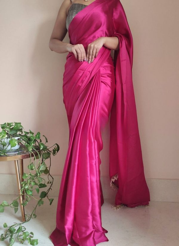 Smashing 1-Minute Ready To Wear Hot Pink Satin Silk Saree