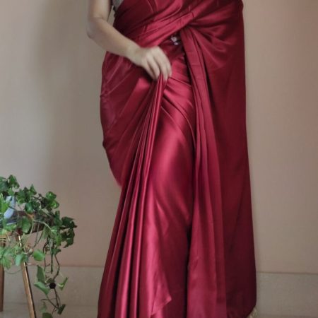 Ailurophile 1-Minute Ready To Wear Maroon Satin Silk Saree