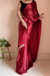 Ailurophile 1-Minute Ready To Wear Maroon Satin Silk Saree