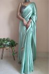 Majesty 1-Minute Ready To Wear Mint Green Satin Silk Saree