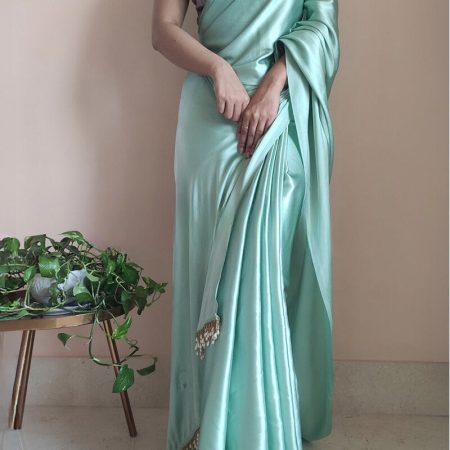 Majesty 1-Minute Ready To Wear Mint Green Satin Silk Saree