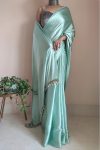 Majesty 1-Minute Ready To Wear Mint Green Satin Silk Saree