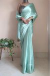 Majesty 1-Minute Ready To Wear Mint Green Satin Silk Saree