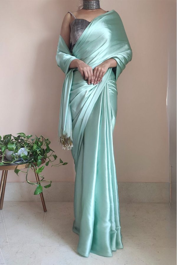 Majesty 1-Minute Ready To Wear Mint Green Satin Silk Saree