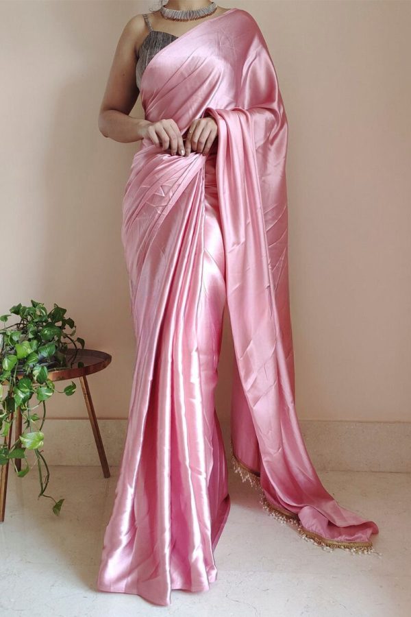 Snappy 1-Minute Ready To Wear Old Rose Pink Satin Silk Saree