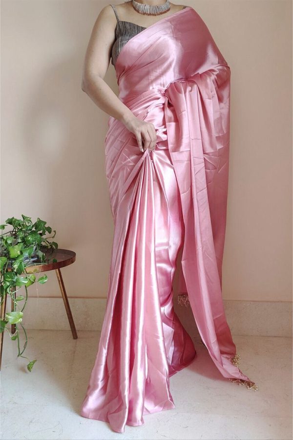 Snappy 1-Minute Ready To Wear Old Rose Pink Satin Silk Saree