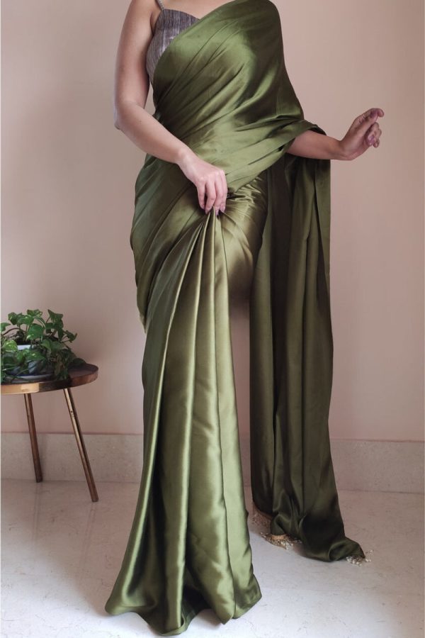 Dissemble 1-Minute Ready To Wear Olive Green Satin Silk Saree