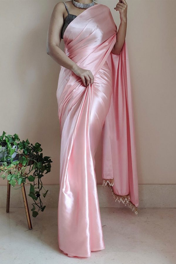 Denouement 1-Minute Ready To Wear Peach Satin Silk Saree