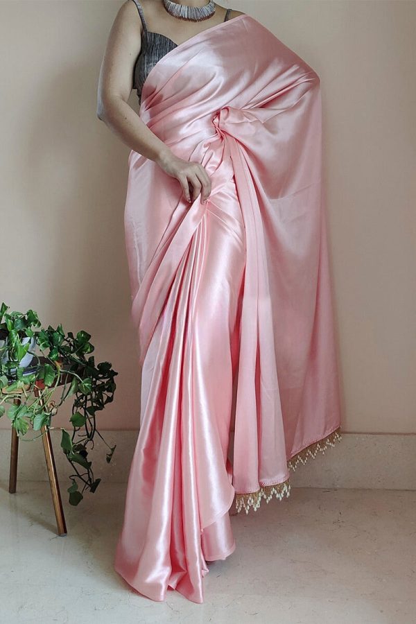 Denouement 1-Minute Ready To Wear Peach Satin Silk Saree