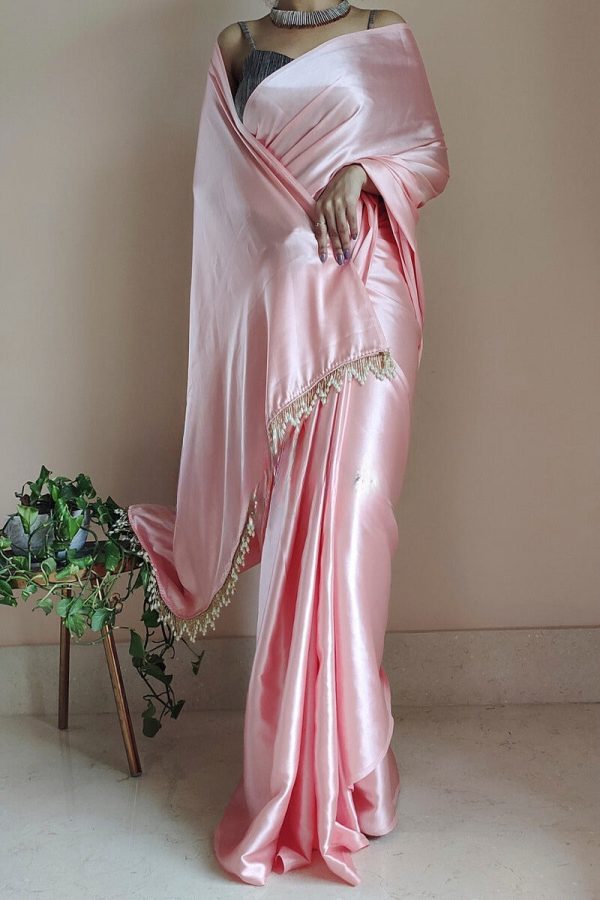 Denouement 1-Minute Ready To Wear Peach Satin Silk Saree