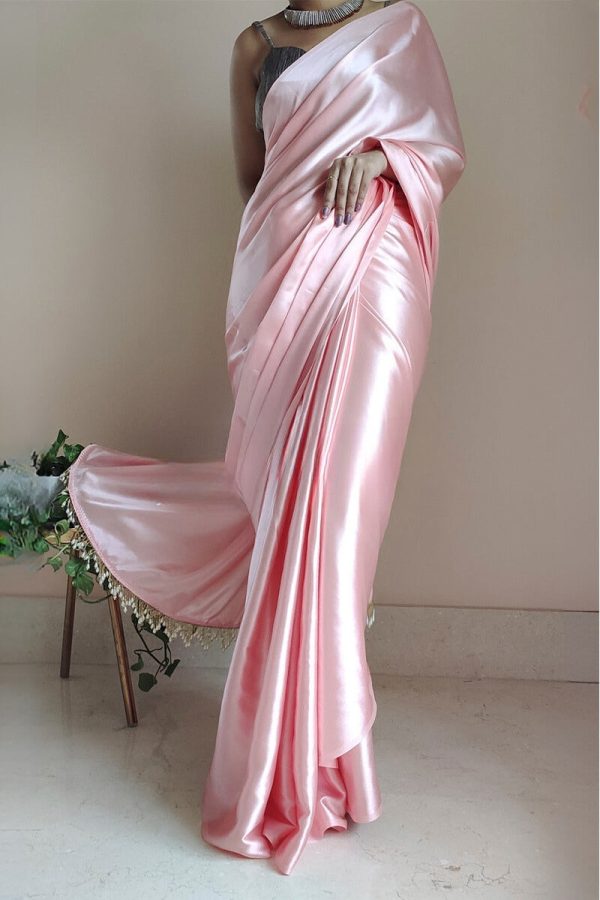 Denouement 1-Minute Ready To Wear Peach Satin Silk Saree