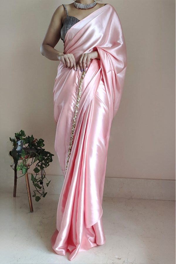 Denouement 1-Minute Ready To Wear Peach Satin Silk Saree