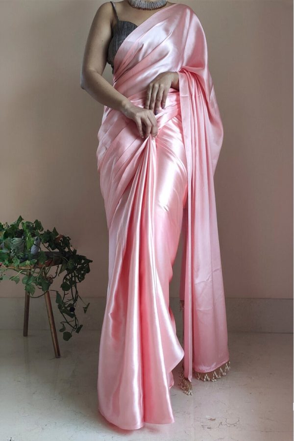 Denouement 1-Minute Ready To Wear Peach Satin Silk Saree