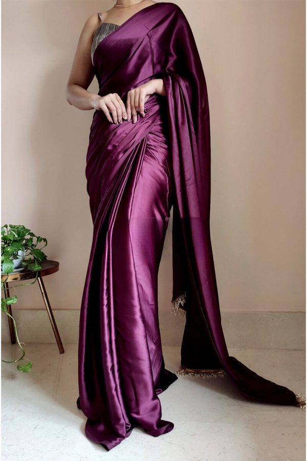 Phenomenal 1-Minute Ready To Wear Purple Satin Silk Saree