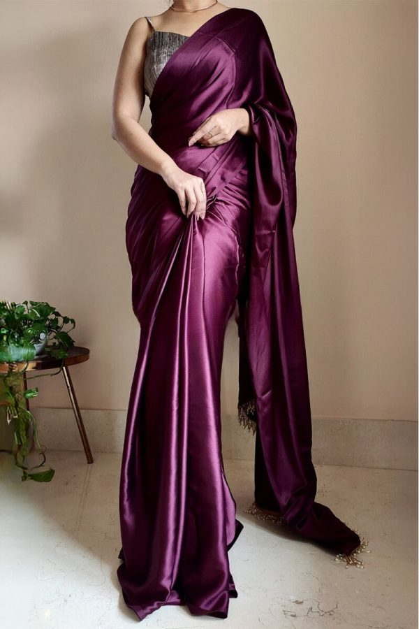 Phenomenal 1-Minute Ready To Wear Purple Satin Silk Saree