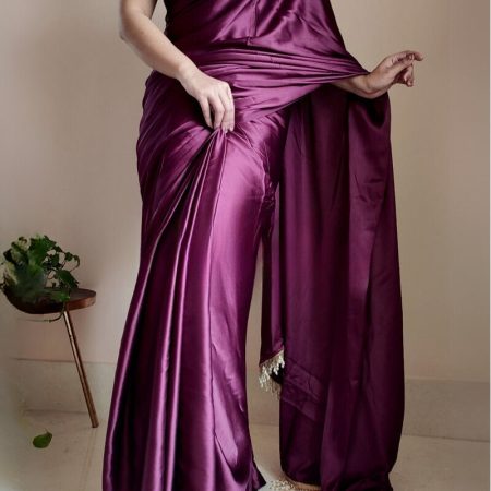 Phenomenal 1-Minute Ready To Wear Purple Satin Silk Saree