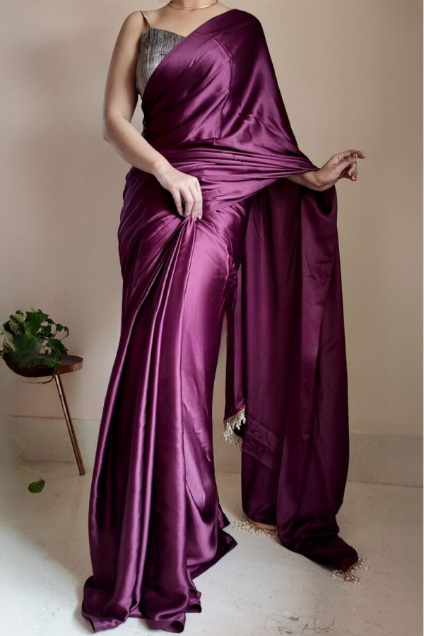 Phenomenal 1-Minute Ready To Wear Purple Satin Silk Saree