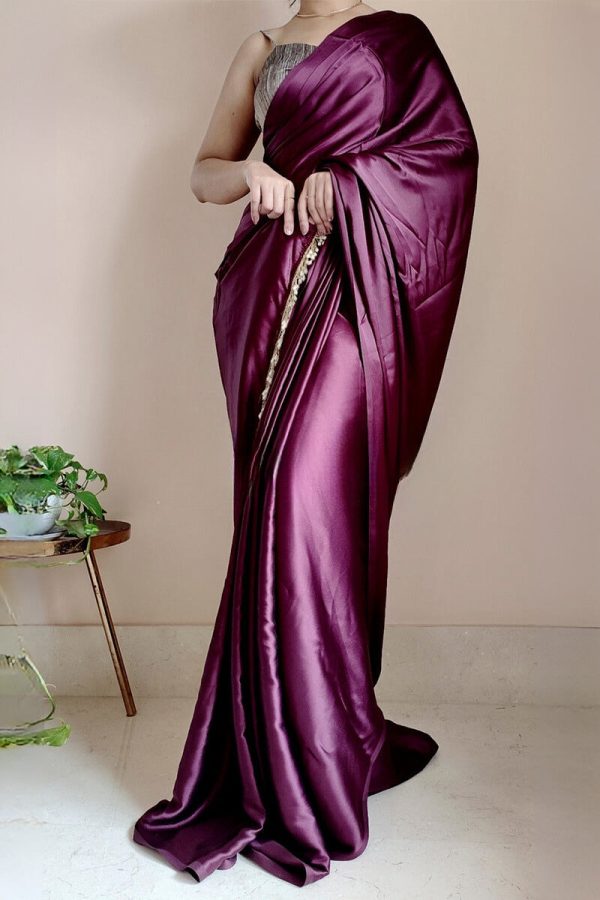 Phenomenal 1-Minute Ready To Wear Purple Satin Silk Saree